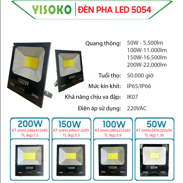 Đèn Pha Led Yisoko 5054 50w/ 100w/ 150w/ 200w