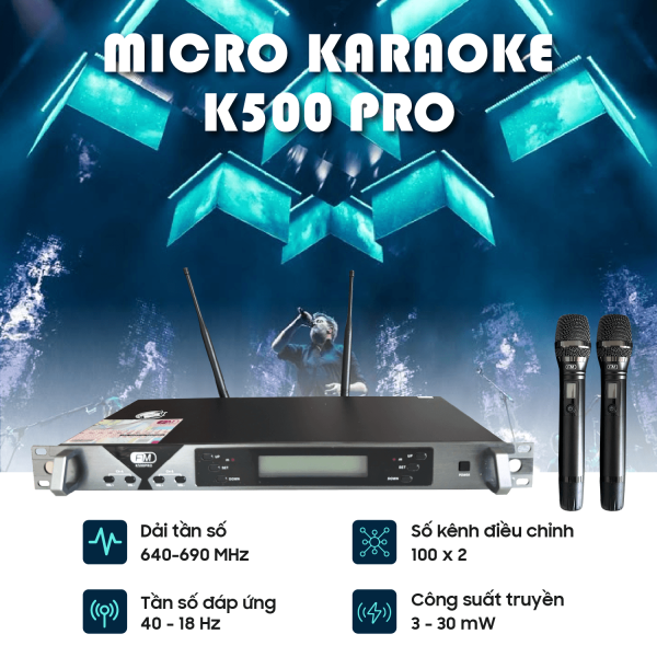 BỘ MICRO KARAOKE KHÔNG DÂY FM K500Pro - 2 Anten