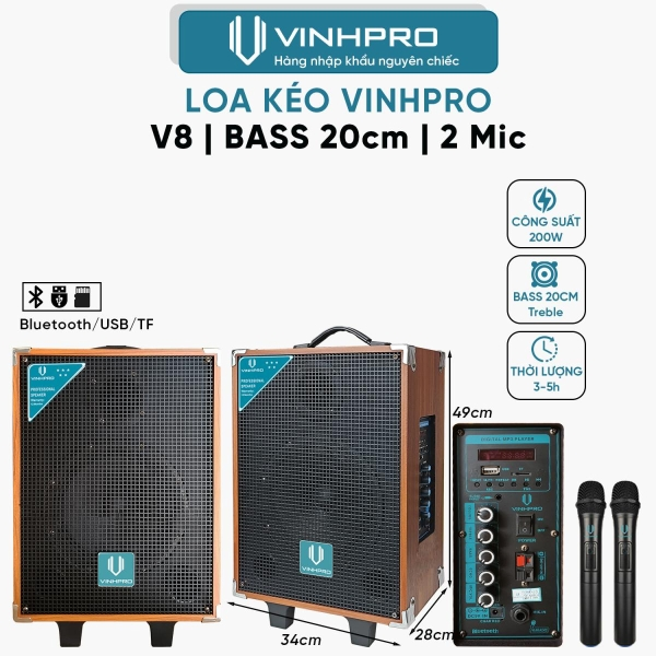 Loa Kéo VINHPRO V8  Bass 20 (2mic)
