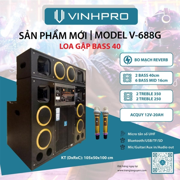 LOA GẬP VINHPRO V-688G 2 BASS 40CM TẶNG KÈM 2 MICRO