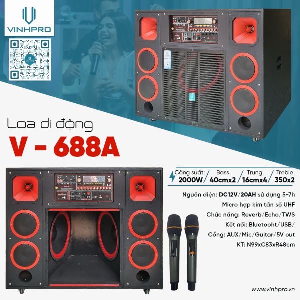 Loa Bình Vinhpro V-688A Công Suất 2000W - Âm Thanh Mạnh Mẽ, Kết Nối Đa Dạng