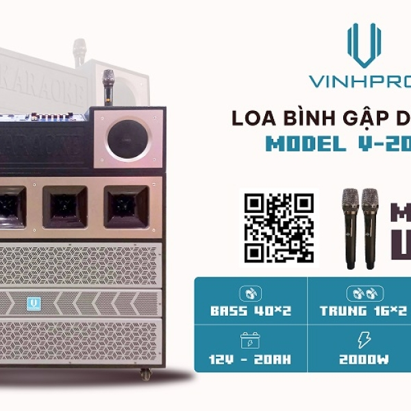 Loa Bình Ngang 4 Tấc Đôi Vinhpro V-2025A -  Tặng Kèm 2 Micro Karaoke UHF Cao Cấp